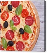 Pizza With Salami, Tomato, Cheese, Olives And Basil Close-up Acrylic Print