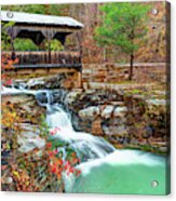 Ponca Arkansas Covered Bridge Falls In Autumn Panorama Acrylic Print