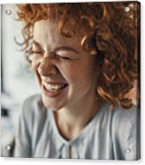 Portrait Of A Laughing Businesswoman With Closed Eyes In Office Acrylic Print