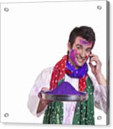 Portrait Of A Man With Holi Colour Talking On A Mobile Phone Acrylic Print