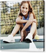 Portrait Of A Young Girl Sitting On A Tennis Court By The Net Acrylic Print