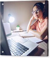 Portrait Of Asian Woman Working Late At Night. Acrylic Print