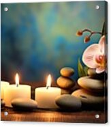Premium Spa Concept - Massage Stones With Towels And Candles In Natural Background Acrylic Print