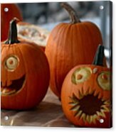 Pumpkins Decorated With Faces With Eyes And Mouths Acrylic Print