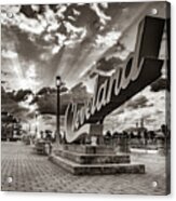 Rays Of Light Over The Cleveland Script Sign On North Coast Harbor - Sepia Acrylic Print