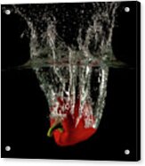 Red Bell Pepper Dropped And Slashing On Water Acrylic Print