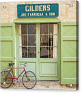 Red Bicycle Outside Green Doors Of Traditional Gilders Shop, Mdina, Malta Acrylic Print