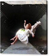 Red Haired Girl Floating In Tunnel Acrylic Print