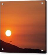 Red Sunset And Plane In Flight Acrylic Print