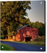 Red Tobacco Shed With Tobacco Drying Inside Lit By Setting Sun - Stebbinsville Road Acrylic Print