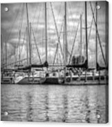 Reflections And Boats At The Harbor In Black And White Acrylic Print