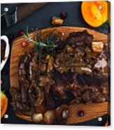 Roasted Veal Steak On Board Served With Mushroom Sauce Viewed From Above, Christmas Dinner Acrylic Print
