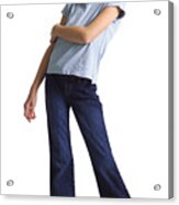 Silhouette Of A Caucasian Blonde Teenage Girl In Jeans And A Blue Shirt As She Smiles At The Camera Acrylic Print