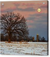 Silo And Snow Moon With Oak In Corn Stubble Acrylic Print