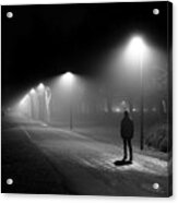 Single Person Walking On Illuminated Street In The Dark Night Acrylic Print