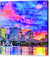 Skyline Of Downtown Orlando, Florida, Seen At Sunset From Lake Eola - Ink And Watercolor Acrylic Print