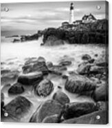 Smooth Ocean Waters Over The Rocks Below Portland Head Lighthouse - Black And White Acrylic Print