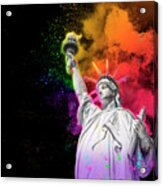 Statue Of Liberty With Colorful Rainbow Holi Paint Powder Explosion Isolated On Black Background Acrylic Print