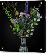 Still Life Bouquet Of Flowers Kingfisher With Butterflies Acrylic Print