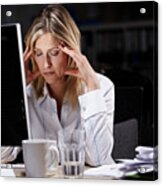 Stressed Businesswoman Working Late Acrylic Print