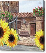 Sunflowers Of Tuscany Italy Vintage Town House In The Hills Watercolor Acrylic Print
