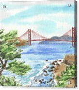 Sunny Day In San Francisco Bay Golden Gate Bridge Watercolor Acrylic Print