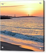 Sunrise Over Thacher Island From Long Beach In Rockport Ma Golden Sunrise Wave Acrylic Print