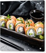 Sushi Roll Philadelphia With Salmon, Avocado, Cream Cheese. Sushi Menu. Japanese Food. Black Background. Top View Acrylic Print