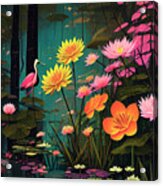Swamp Magic Flowers Birds Black Water Lily Pads Acrylic Print