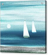 Teal Blue Gray Sailboats At The Ocean Shore Seascape Painting Beach House Art V Acrylic Print