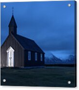 The Black Church Of Iceland At Night Acrylic Print