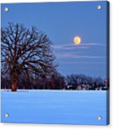 The Winter Blues - Wolf Moonrise With Lone Oak And Wi Dairy Farm Acrylic Print