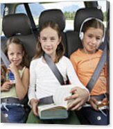 Three Girls (6-8 Years) Sitting On Rear Seat Of Car, Smiling, Portrait Acrylic Print