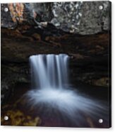 Time Lapse View Of Waterfall Flowing In Rock Cave Acrylic Print
