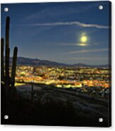 Tucson Night Skyline And Saguaro Cactus Moonrise Acrylic Print