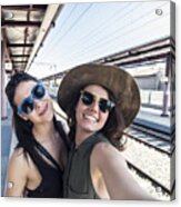 Two Girlfriends In A Train Station Acrylic Print