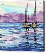 Two Sailboats Resting In The Ocean Purple Clouds Watercolor Beach Art Acrylic Print