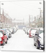 Typical Uk Street In Winter Snow Acrylic Print