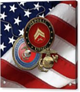 U.s. Marine Corporal Rank Insignia With Seal And Ega Over American Flag Acrylic Print