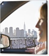 Usa, Brooklyn, Williamsburg, Woman Driving Through City Acrylic Print