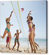 Usa, California, Malibu, Group Of Young Women Playing Beach Volleyball Acrylic Print
