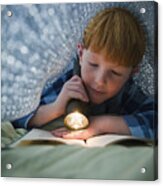 Usa, New Jersey, Jersey City, Boy (8-9) Reading Book Under Bed Covers Acrylic Print