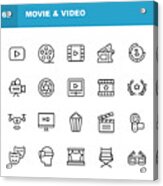Video, Cinema, Film Line Icons. Editable Stroke. Pixel Perfect. For Mobile And Web. Contains Such Icons As Video Player, Film, Camera, Cinema, 3d Glasses, Virtual Reality, Theatre, Tickets, Drone, Directing, Television. Acrylic Print