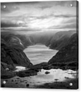View From The Top Of Preikestolen The Pulpit Rock Black And Whit Acrylic Print