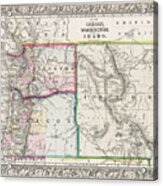 Vintage Map Oregon Washington And Idaho 1863 Acrylic Print