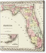 Vintage Map State Of Florida 1856 Acrylic Print