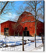 Vintage Red Barn In Snow Acrylic Print