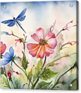 Watercolor With Flowers And Dragonfly Acrylic Print