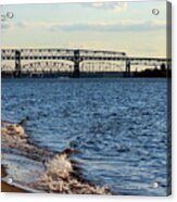 Waves Lapping The Shore Of The Delaware River Near Betsy Ross And Delair Memorial Railroad Bridges Acrylic Print