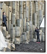 Wedding Photographer Working On Basalt Columns In Reynisfjara Beach Acrylic Print